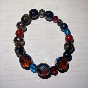 Handmade Beaded Stretch Bracelet Faceted Glass & Gemstone Boho Red Black Blue